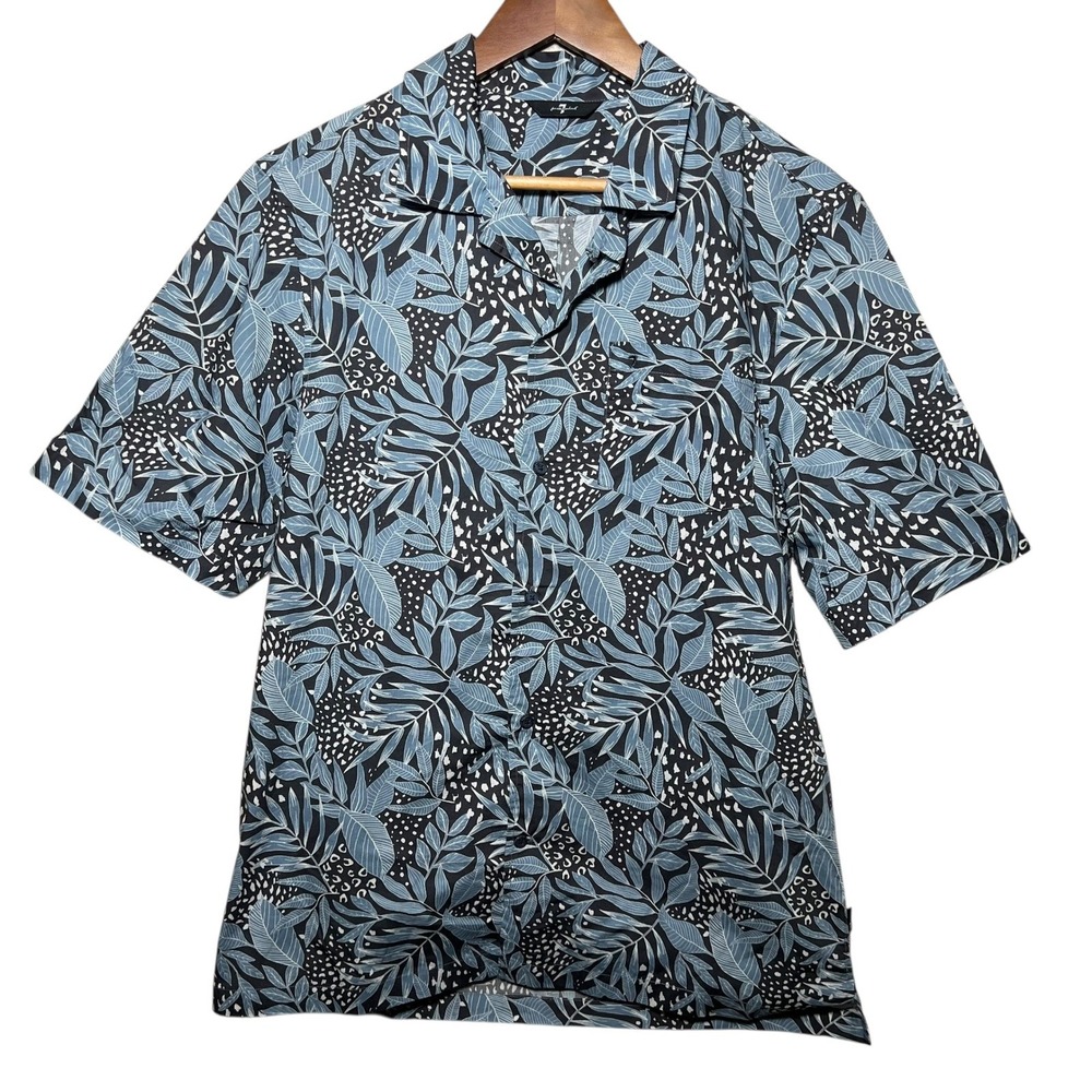7 For All Mankind Floral Camp Collar Shirt Dusty Blue Large‎ 100% Cotton
